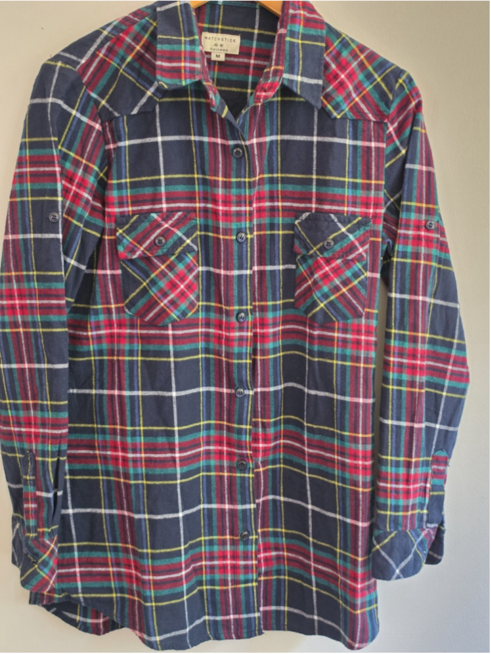 Matchstick M Plaid Flannel Button Up Long Curved Hem Gorpcore Grunge Soft M